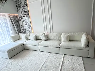 Brand new L shape sofa with puff you can get from us in reasonable prices
