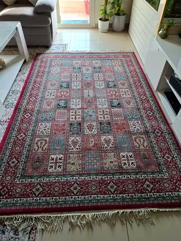 Used Persian-style red patterned area rug with fringe - good condition