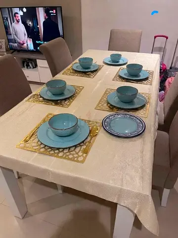 Wood-effect Dining Table with 6 Upholstered Chairs - Good Condition
