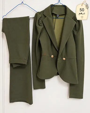 Olive Green Women's Two-Piece Blazer and Pants Set - Size S