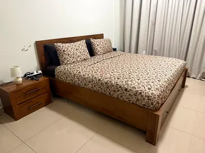 Pan emirates Solid Wood Queen Bed with 2 Matching Nightstand - Good Condition