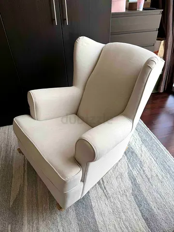Beige Upholstered Wingback Armchair in Excellent Condition