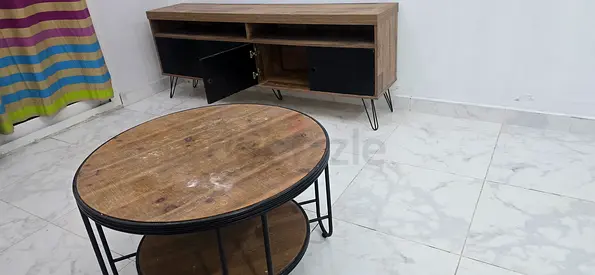 Wooden TV Cabinet and Round Coffee Table Set - Rustic Industrial