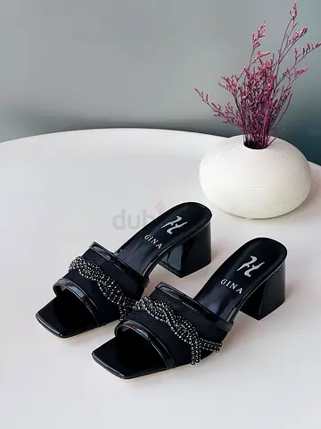 Gina black heeled mules with beaded detail, size unknown