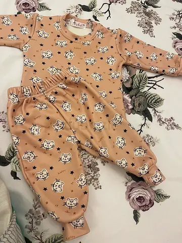 Cute beige cotton baby romper/pajamas with cat print - 6-12 months