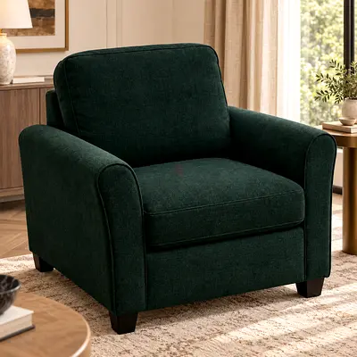 Dark Green Fabric Armchair — Comfortable Single Seat With Wooden Legs