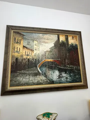 Framed Oil-Style Painting of Venetian Canal with Bridge