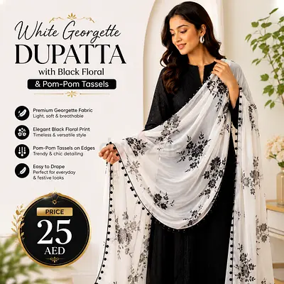 White Georgette Dupatta with Black Floral Print & Pom-Pom Tassels