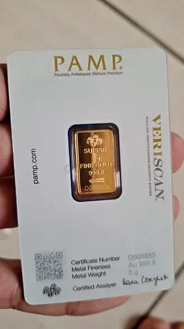 PAMP Suisse 5g 999.9 Fine Gold Bar in Assay Card