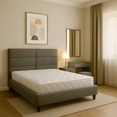 Queen upholstered bed frame with headboard — grey, modern