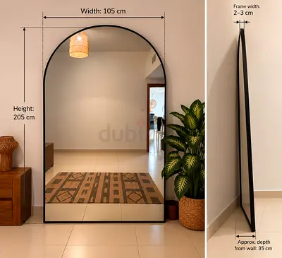 Large Arched Full-Length Wall Mirror with Black Frame - 105x205 cm
