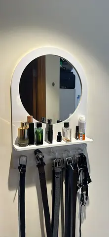 Wall-Mounted Entryway Organizer with Round Mirror Shelf & Belt Hooks