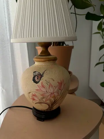 Vintage Decorative Table Lamp with Floral & Butterfly Motif, Beige Ceramic Base