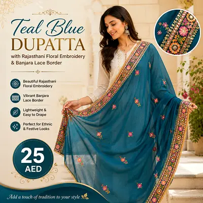 Teal Blue Embroidered Dupatta with Banjara Lace Border