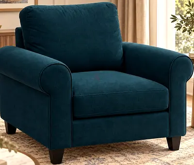 Large Deep Blue Upholstered Armchair with Rolled Arms