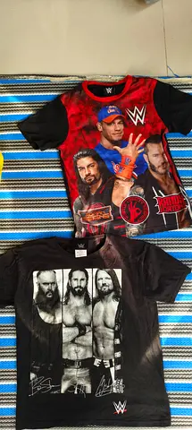 Set of 2 WWE Boys' T-shirts — John Cena, Roman Reigns & Shield Designs, Size M