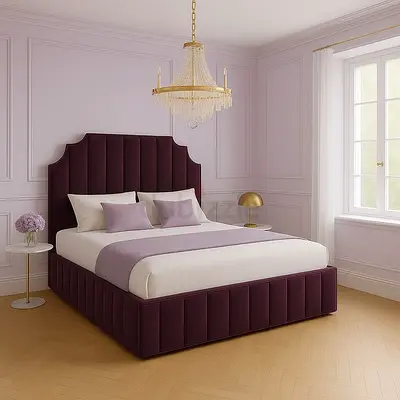 Upholstered King Bed Frame with Tall Padded Headboard - Plum