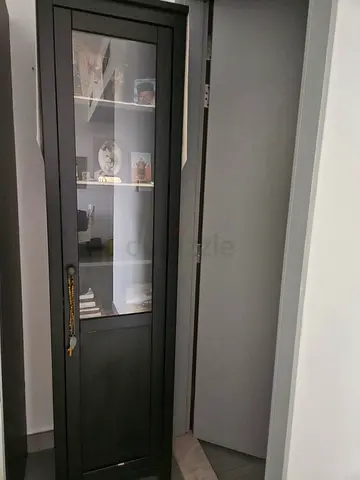 Tall black glass-door display cabinet / storage cupboard