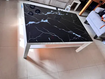 White TV Entertainment Unit with Black Marble Top - Good Condition