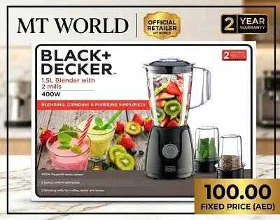 Black+Decker 1.5L 400W Blender with 2 Mills - Excellent Condition