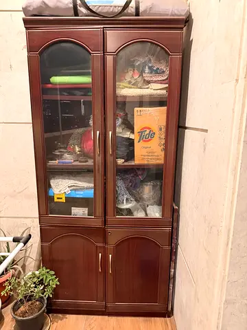Wooden Tall Cabinet with Glass Doors - Good Condition