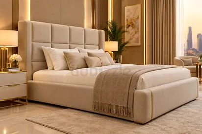 Upholstered bed with padded headboard — beige