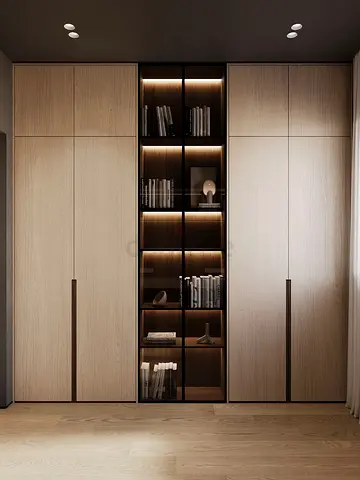 Modern wardrobe with central display shelving and LED lighting