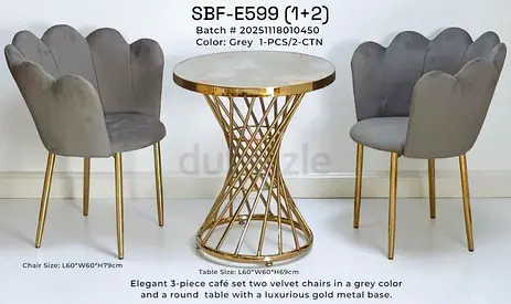 Elegant 3-piece café set — 2 grey velvet scallop chairs + gold round table