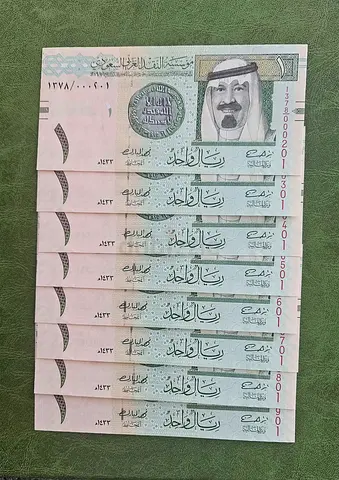 Lot of 8 Saudi 1 Riyal  with low serial number Banknotes - Vintage Series Uncirculated