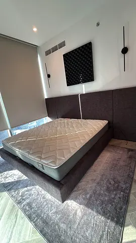 Queen platform bed frame with mattress — modern upholstered