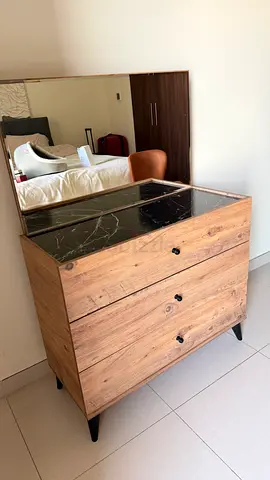 Wooden Chest of Drawers with Marble Top and Mirror + side tables