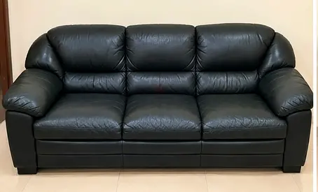 3-Seater Black Leather Sofa - Comfortable, Good Condition