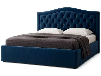 Blue tufted upholstered king bed with storage base