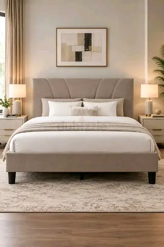 Upholstered Queen Bed with Padded Headboard - Neutral Beige