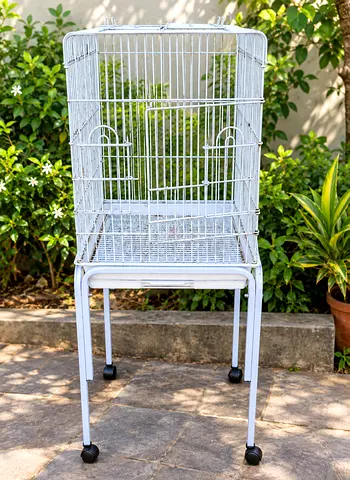 White metal bird cage on stand — good condition