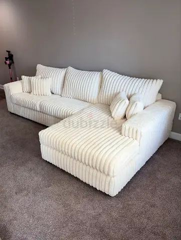 Large Cream Corduroy L-Shape Corner Sofa with Cushions