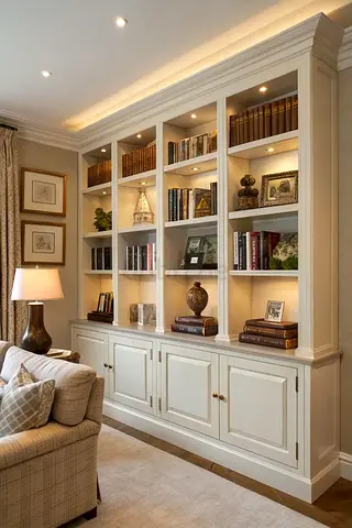 White Wooden Bookcase with Cabinets and LED Shelves