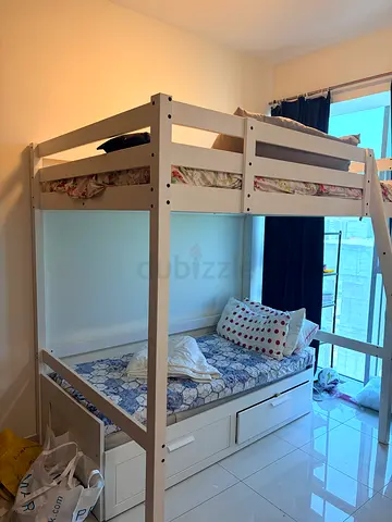 White wooden bunk bed with storage drawers - good condition purchased from IKEA with mattress