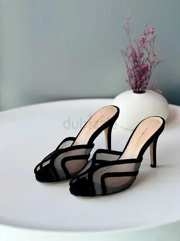 Black Mesh Slip-On High Heel Sandals, Size Unknown