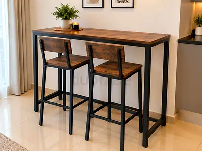 Set of 2 Wooden Bar Stools – Brown & Black