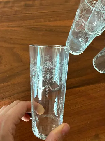 Set of 10 Tall Etched Glass Tumblers - Good Condition