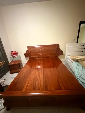Solid Wood King Size Bed with Carved Headboard