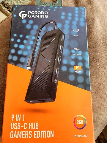 Porodo Universal 9 in 1 USB-C Hub Gamers Edition, with 100W PD Fast Charging, Micro SD/TF Slot, 5Gbp