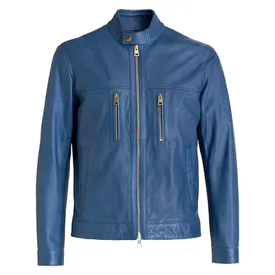 Men's Premium Real Leather Jacket Blue Cafe Racer Biker Moto Coat Size