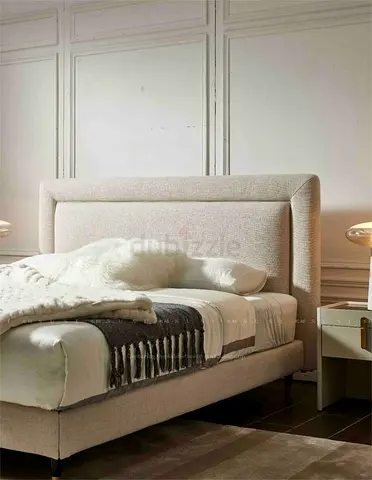 Upholstered Beige Double Bed Frame with Headboard