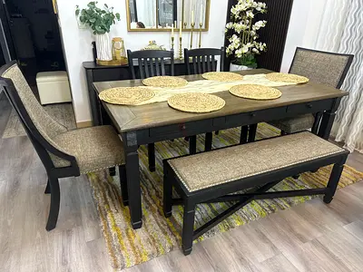 Solid Wood 6-Seater Dining Table Set with Bench and 4 Chairs