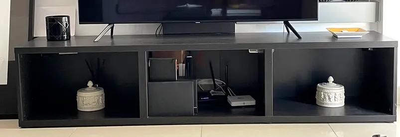 Low-profile black TV entertainment unit / media console