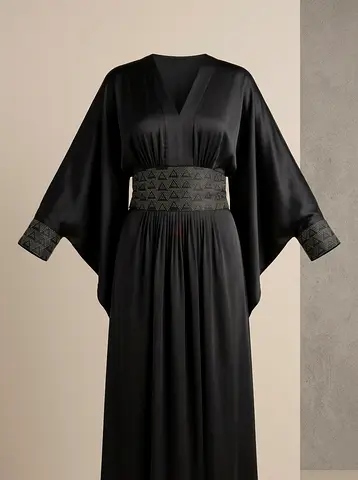 Black Satin Kaftan Dress with Embroidered Waistband - Elegant Long Sleeve Abaya