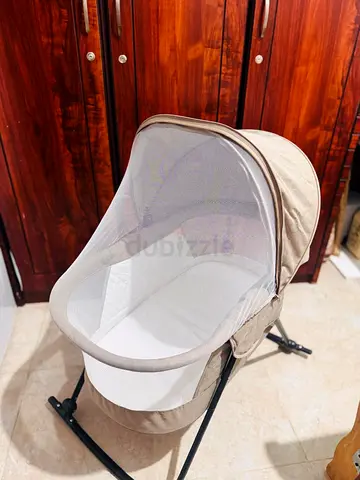 Junior brown portable baby bassinet with canopy - good condition