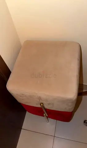 Small Beige & Red Upholstered Storage Ottoman / Footstool